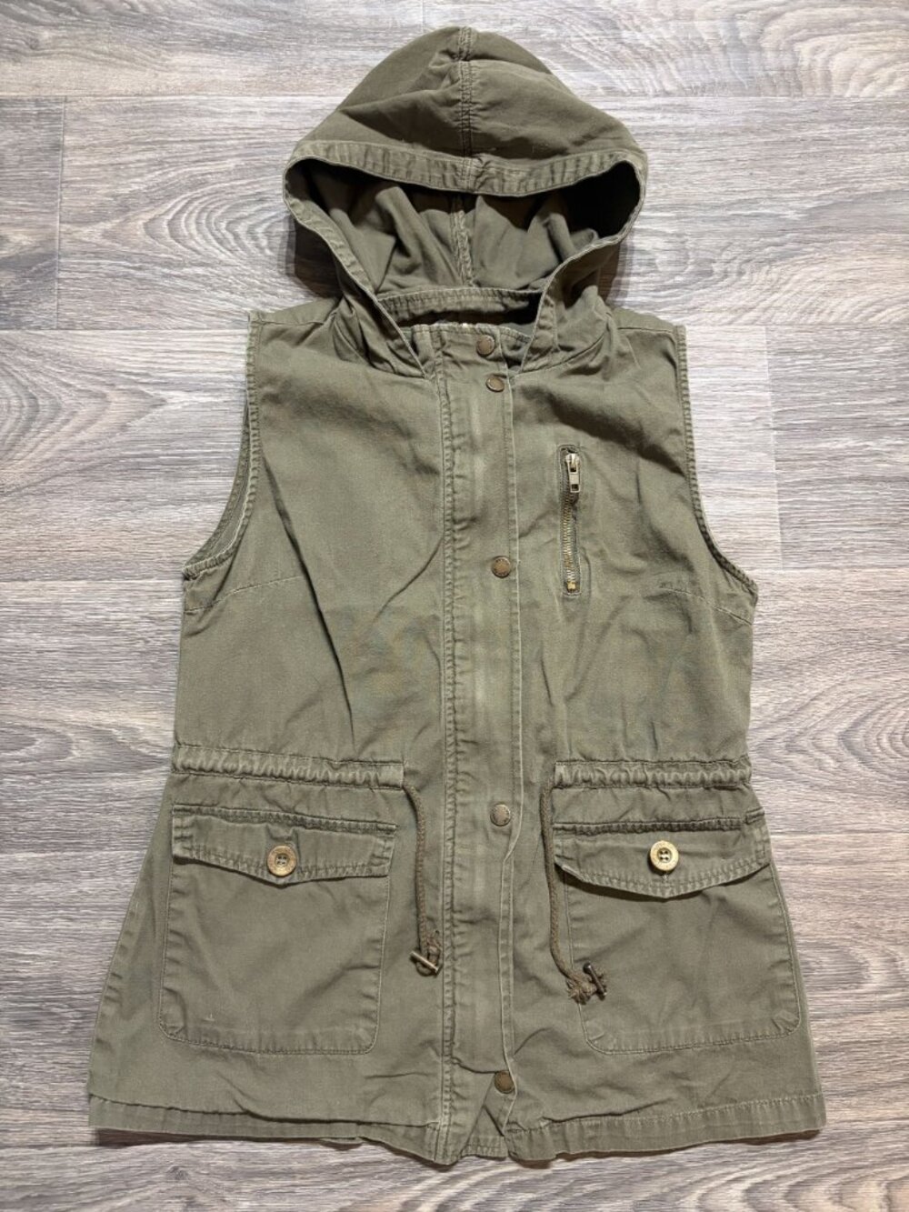 C’Est Toi Sleeveless Cargo Utility Vest Jacket Small Y2K Hooded Army Green